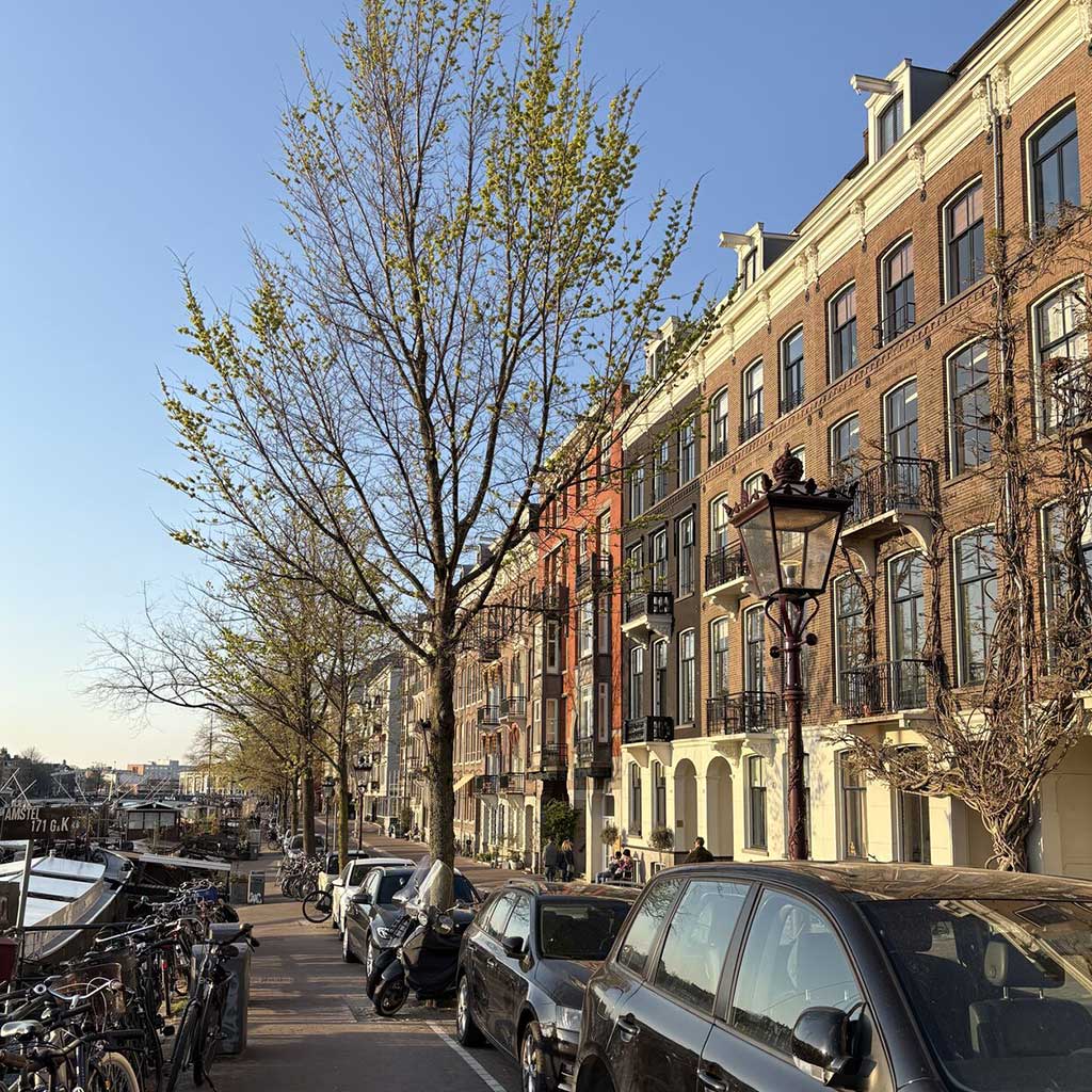Canal-side street of tall brick houses in Amsterdam on a sunny day