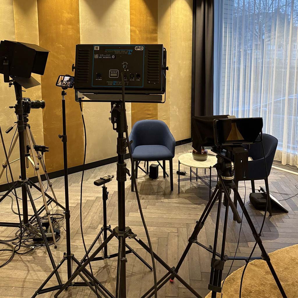 Lights and cameras set up for an interview during filming in Amsterdam