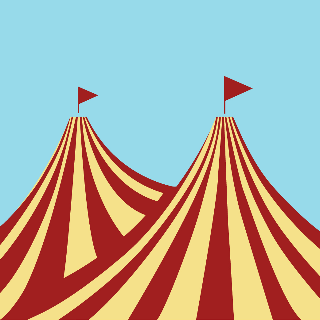 Illustration of two red-and-cream circus big tops against a blue sky